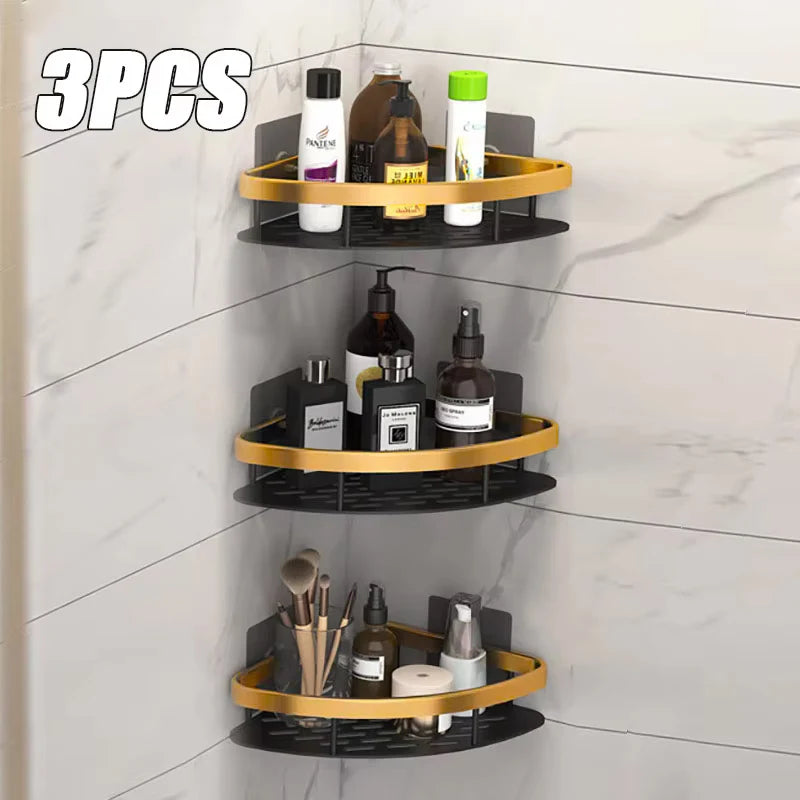 Bathroom Shelves Wall Mounted No Drill Space Aluminum Shower Corner Caddy Storage Shelf Kitchen Organizer Rack Floating Shelf