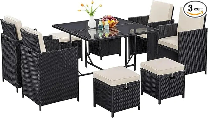 9-Piece Patio Dining Sets, Outdoor Space Saving Rattan Chairs with Glass Table, Wicker Sectional Conversation Furnitur