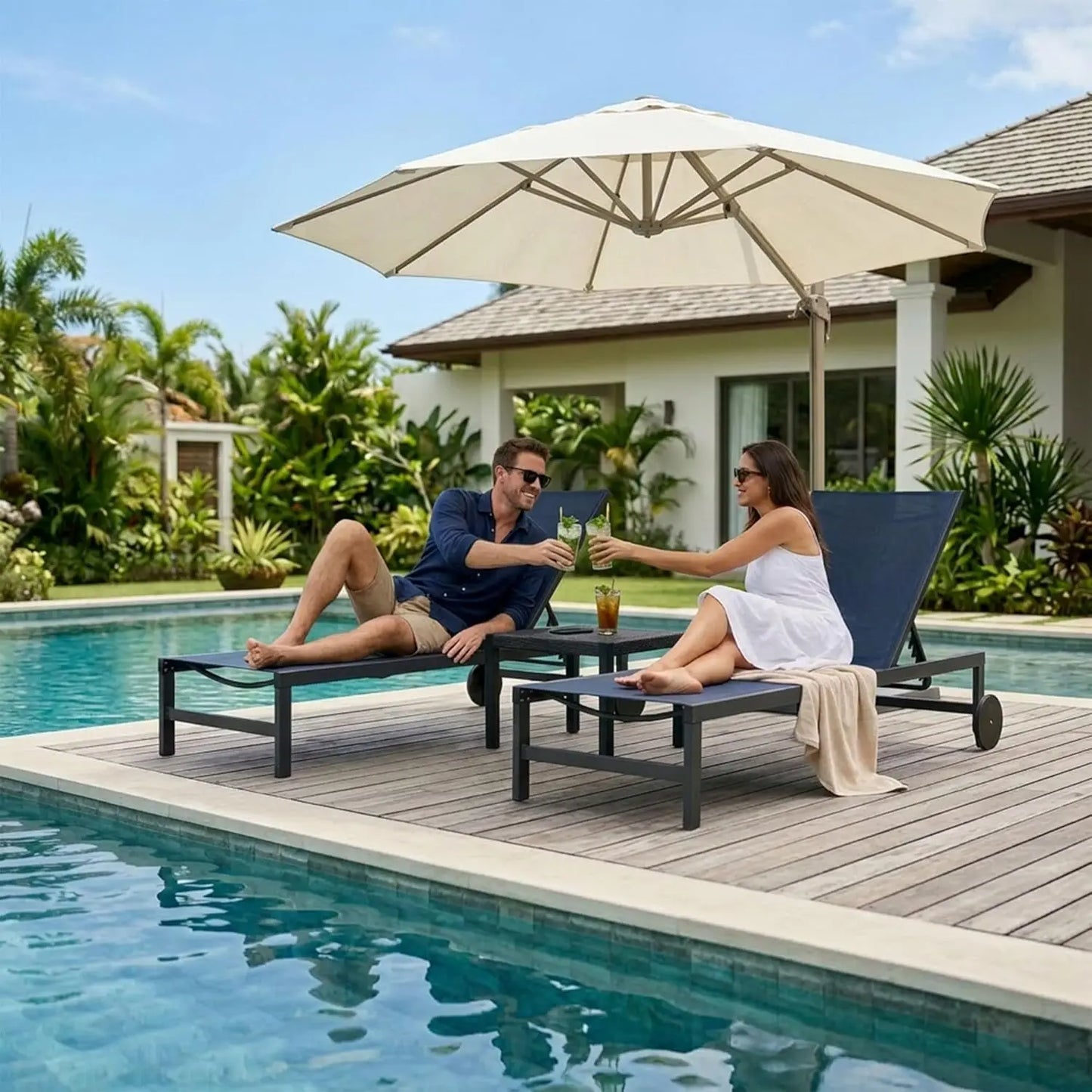 Patio Tanning Lounge Chair Set with Face Down Hole Outdoor Aluminum Adjustable Reclining Chairs Wheels Pillows and, Customized