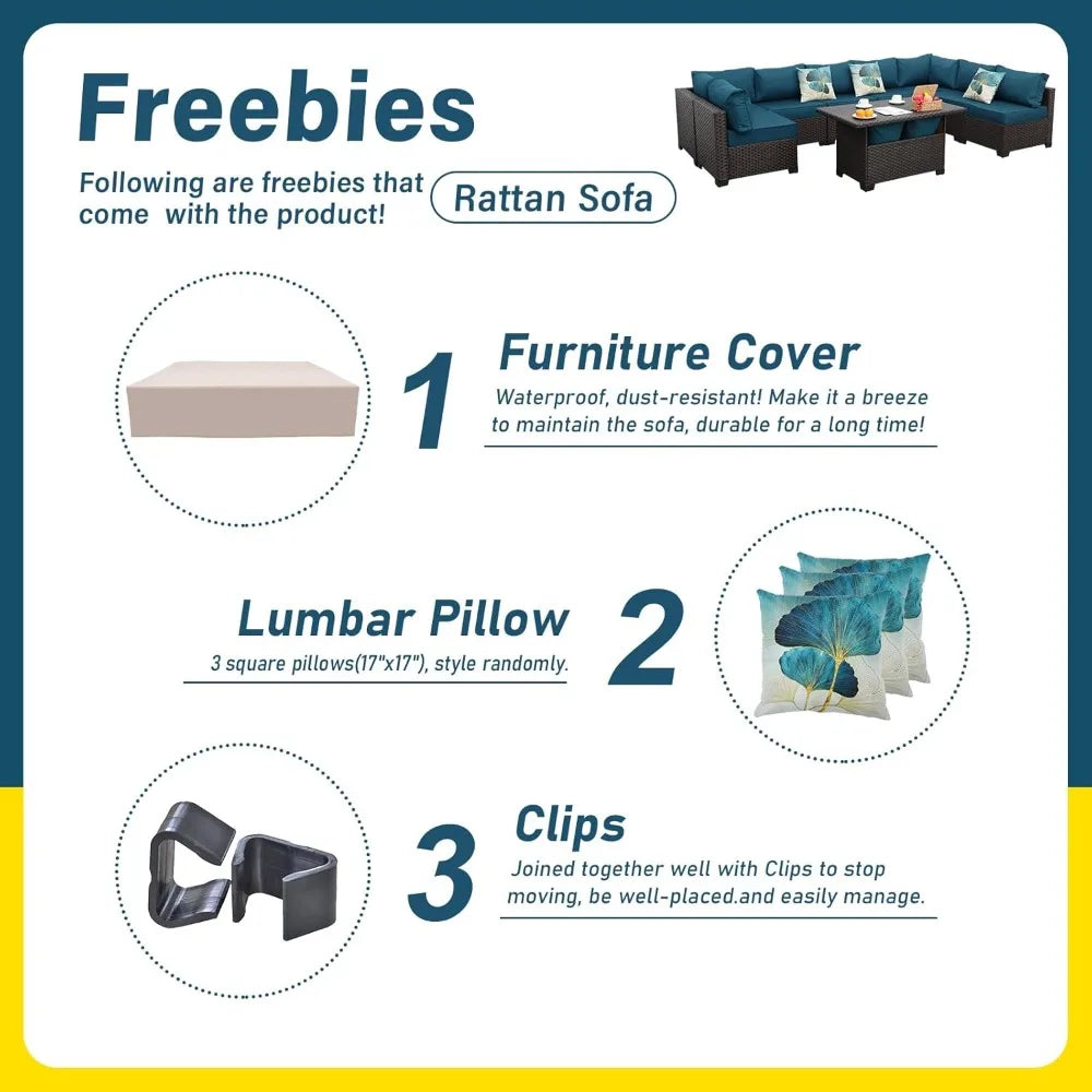 9 Pieces Wicker Patio Furniture Set Outdoor PE Rattan Sectional Conversation Sofa Set with Peacock Blue Cushions