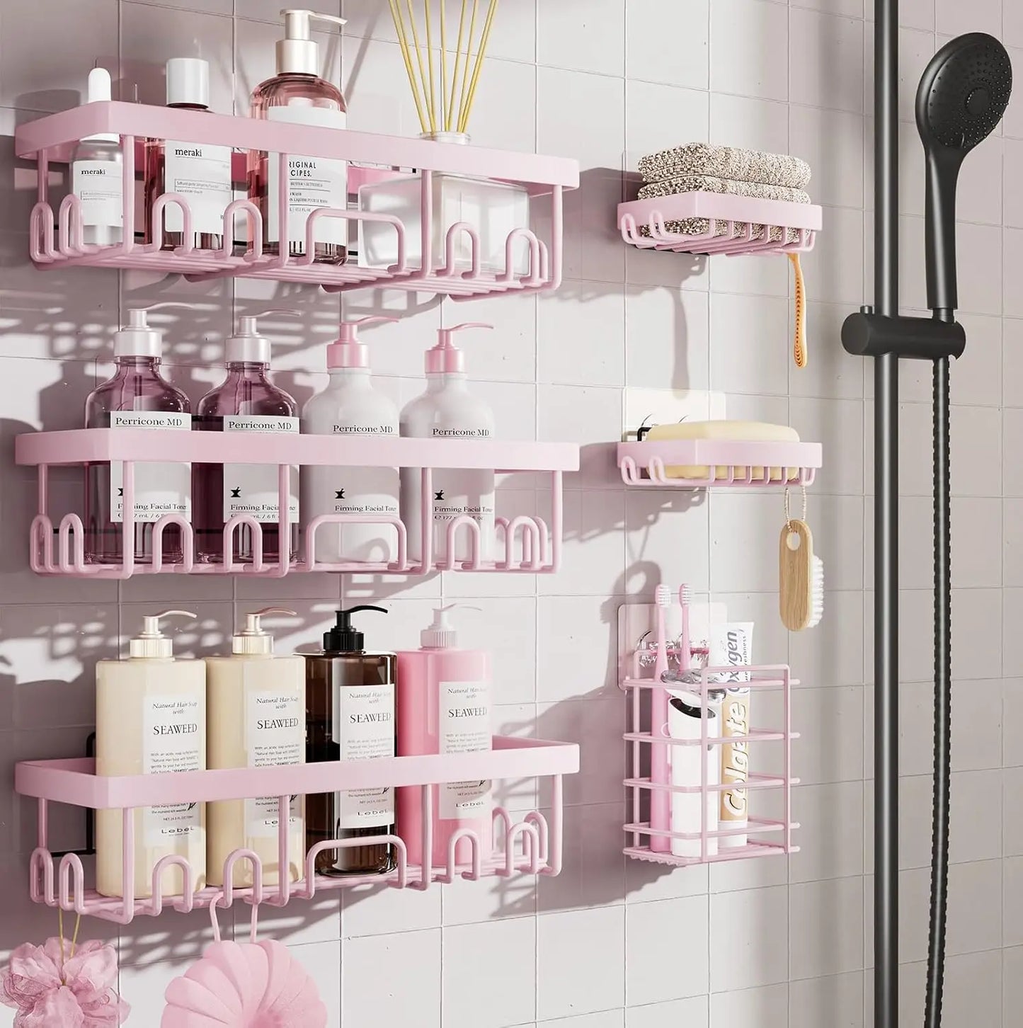 6 Pack Shower Caddy Organizer Rack Shelf for Inside Shower, Adhesive Bathroom Wall Storage Basket Rustproof Stainless Steel Shampoo Holder, Bathroom Accessory Decor Set
