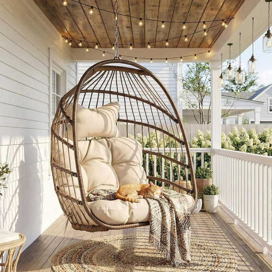 Outdoor Hanging Egg Chair Without Stand, Patio Wicker Swing Egg Basket Chairs with Padded Cushions, 350 Lbs Ceiling, Customized