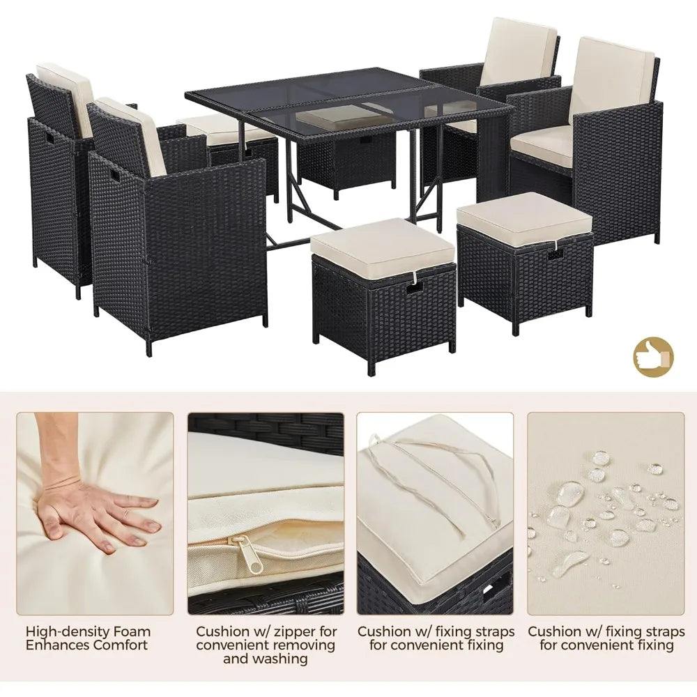 9-Piece Patio Dining Sets, Outdoor Space Saving Rattan Chairs with Glass Table, Wicker Sectional Conversation Furnitur