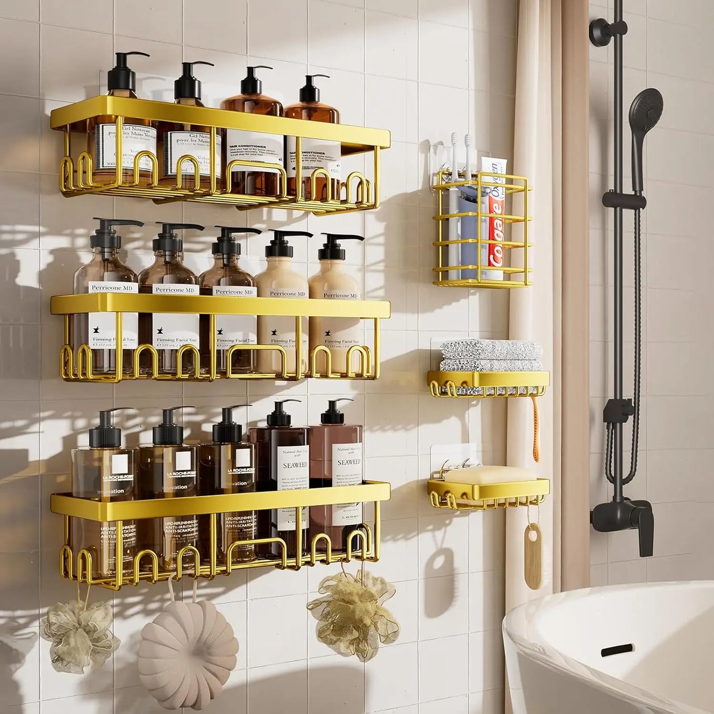 6 Pack Shower Caddy Organizer Rack Shelf for Inside Shower, Adhesive Bathroom Wall Storage Basket Rustproof Stainless Steel Shampoo Holder, Bathroom Accessory Decor Set