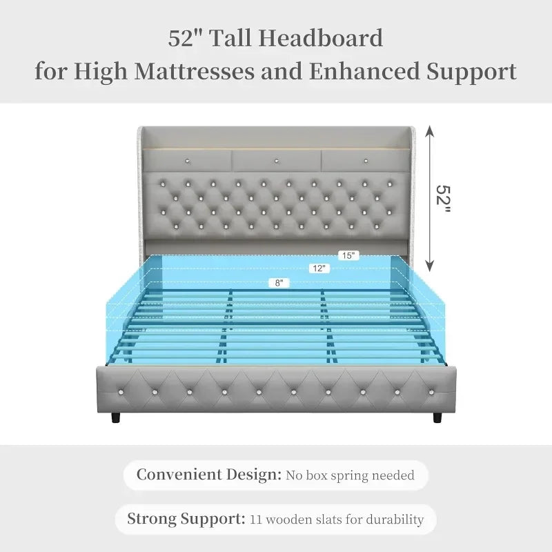 LED Bed Frame with Galaxy Aurora Star Projector and Charging Station, Platform Beds with 52" Diamond Upholstered Customized