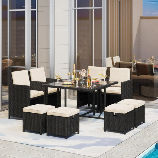 9-Piece Patio Dining Sets, Outdoor Space Saving Rattan Chairs with Glass Table, Wicker Sectional Conversation Furnitur