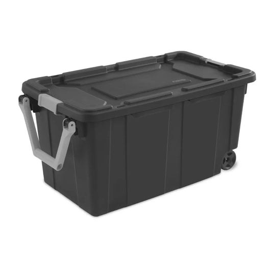 Extra-Large 40-Gallon Wheeled Industrial Storage Bin with Latching Lid Pull Handle Dark Gray, Heavy-Duty Plastic, Ideal for War