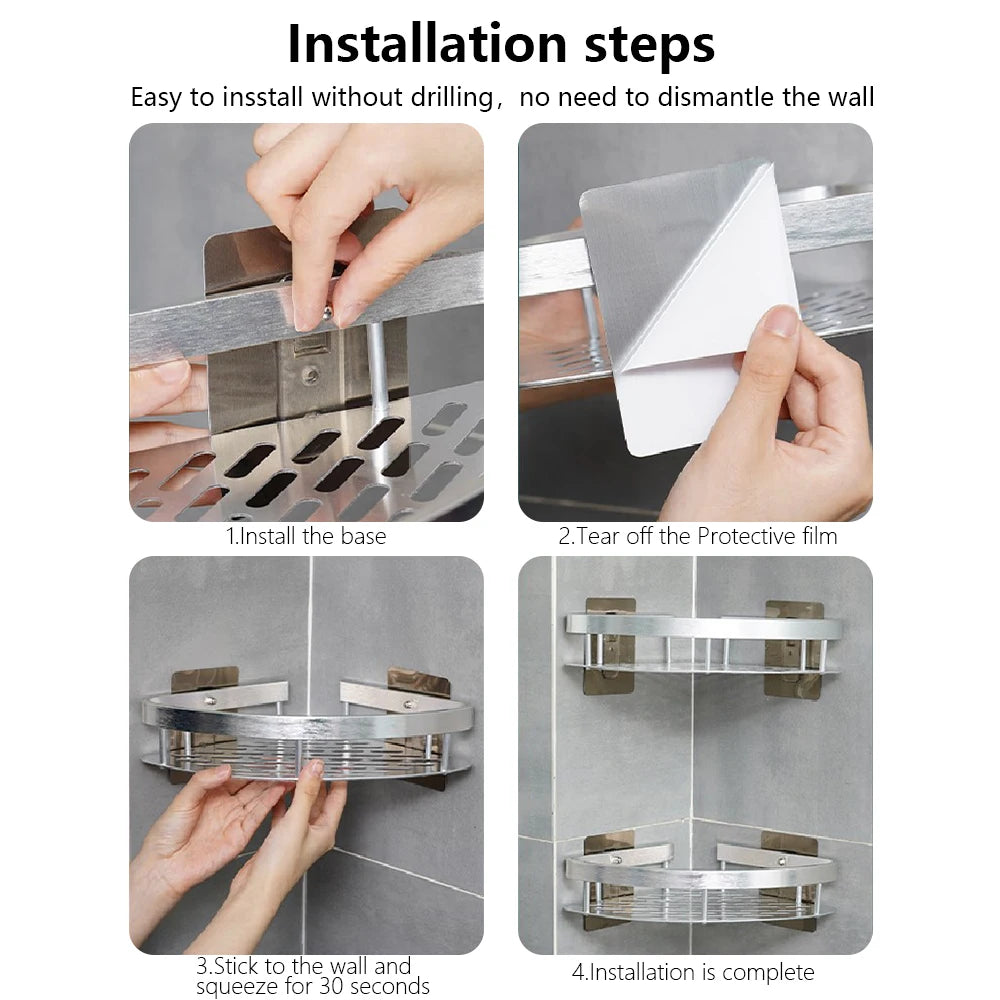 Bathroom Shelves Wall Mounted No Drill Space Aluminum Shower Corner Caddy Storage Shelf  Kitchen Organizer Rack Floating Shelf