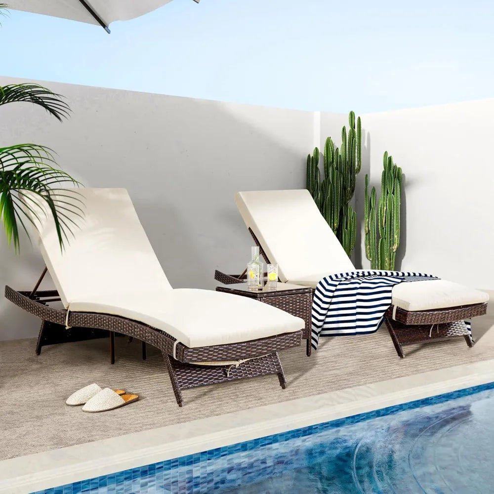 Patio Chaise Lounge Set 3 Pieces with Adjustable Backrest and Removable Cushion, Outdoor Pool Chair for Patio, Customized