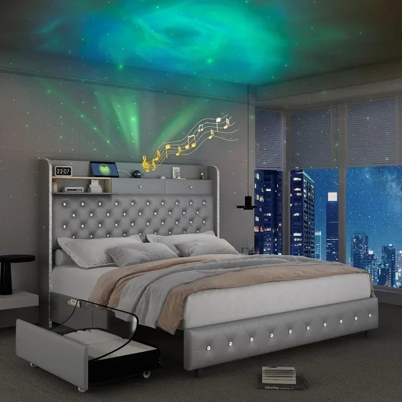 LED Bed Frame with Galaxy Aurora Star Projector and Charging Station, Platform Beds with 52" Diamond Upholstered Customized