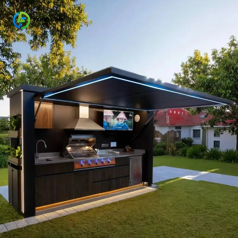 Outdoor Kitchen Shed Weatherproof Modular Outdoor Kitchen with Barbecue and Sink for Garden Spaces BBQ Pod Kitchen Customized