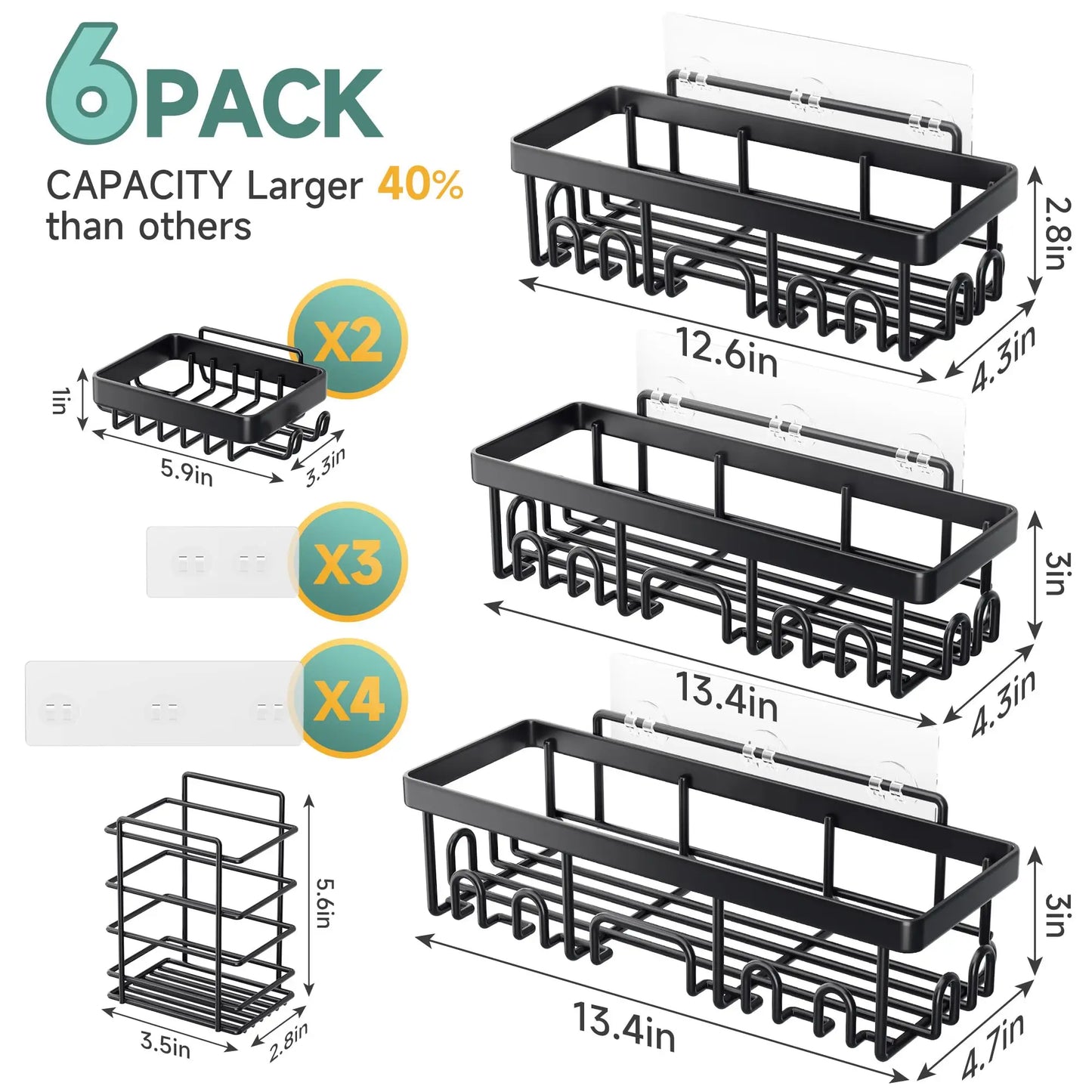 6 Pack Shower Caddy Organizer Rack Shelf for Inside Shower, Adhesive Bathroom Wall Storage Basket Rustproof Stainless Steel Shampoo Holder, Bathroom Accessory Decor Set