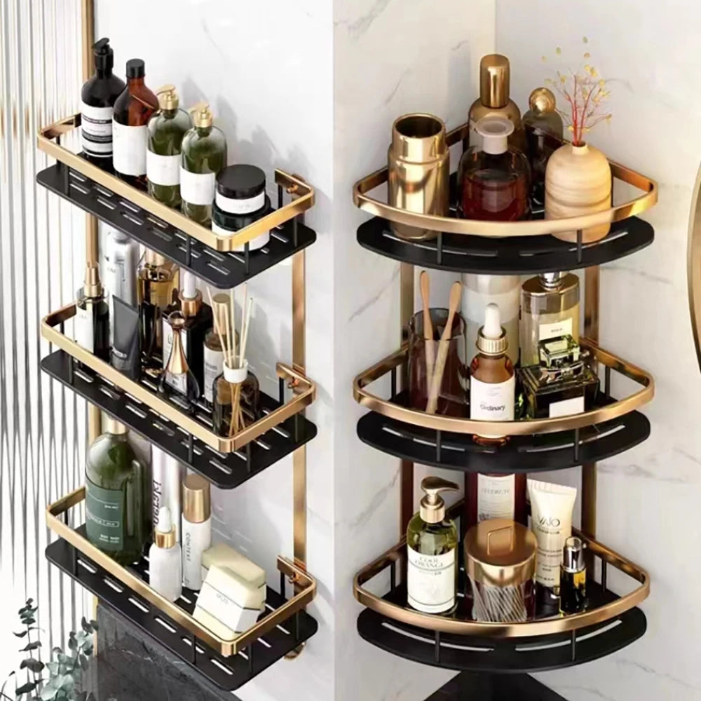 Bathroom Shelves Wall Mounted No Drill Space Aluminum Shower Corner Caddy Storage Shelf  Kitchen Organizer Rack Floating Shelf