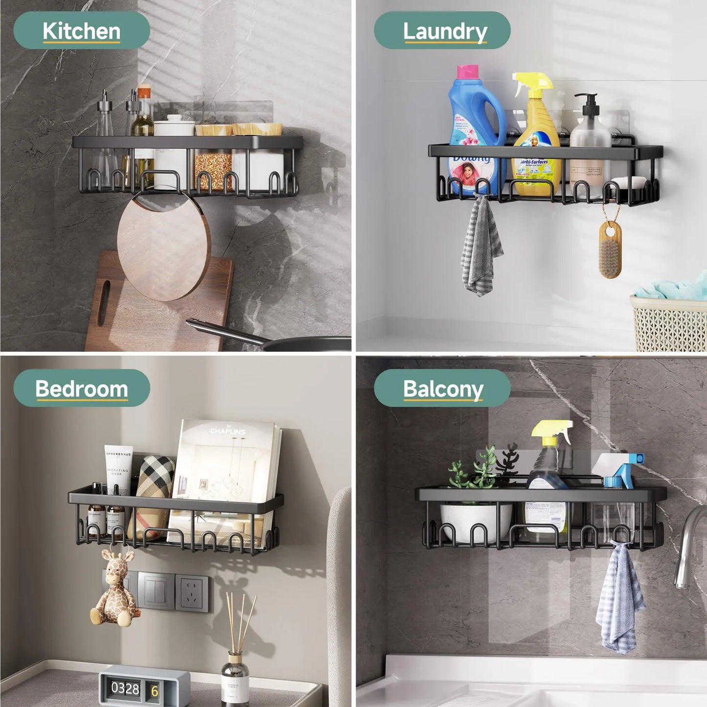6 Pack Shower Caddy Organizer Rack Shelf for Inside Shower, Adhesive Bathroom Wall Storage Basket Rustproof Stainless Steel Shampoo Holder, Bathroom Accessory Decor Set