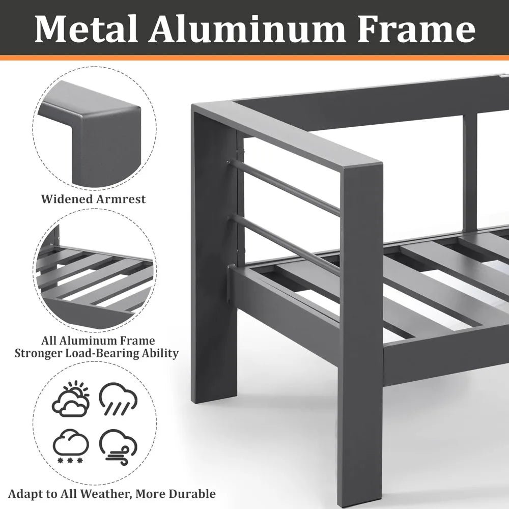 Outdoor Couch Aluminum Patio Furniture Sofa, 3 Seat All-Weather Metal Patio Couch with 5" Thick and Soft Cushion and Wide Arm, O