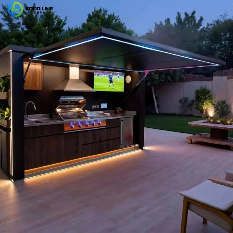 Outdoor Kitchen Shed Weatherproof Modular Outdoor Kitchen with Barbecue and Sink for Garden Spaces BBQ Pod Kitchen Customized