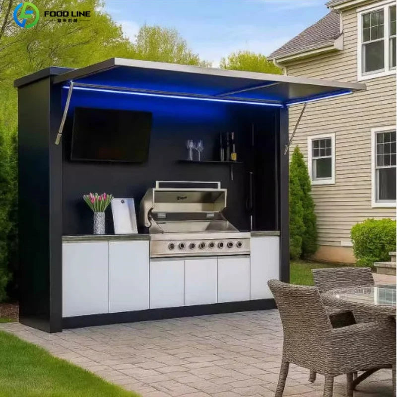 Outdoor Kitchen Shed Weatherproof Modular Outdoor Kitchen with Barbecue and Sink for Garden Spaces BBQ Pod Kitchen Customized