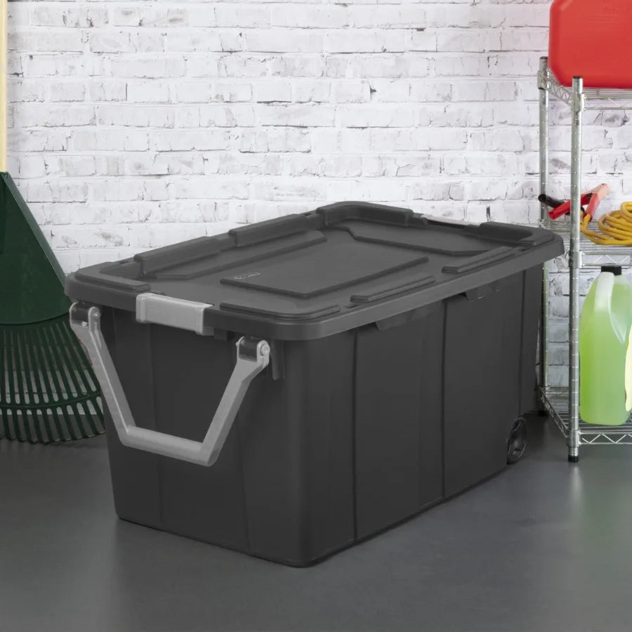Extra-Large 40-Gallon Wheeled Industrial Storage Bin with Latching Lid Pull Handle Dark Gray, Heavy-Duty Plastic, Ideal for War