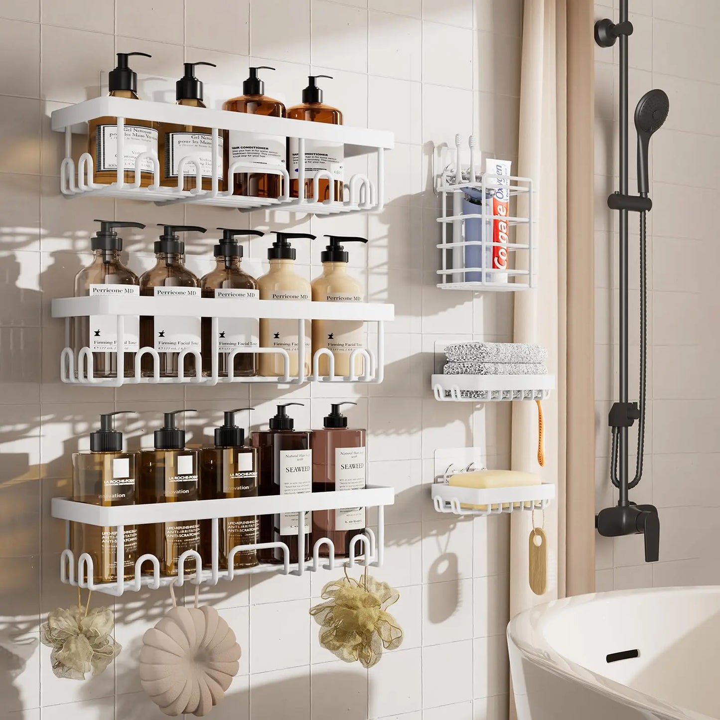 6 Pack Shower Caddy Organizer Rack Shelf for Inside Shower, Adhesive Bathroom Wall Storage Basket Rustproof Stainless Steel Shampoo Holder, Bathroom Accessory Decor Set