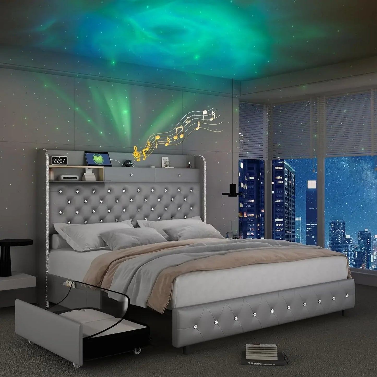 LED Bed Frame with Galaxy Aurora Star Projector and Charging Station, Platform Beds with 52" Diamond Upholstered Customized