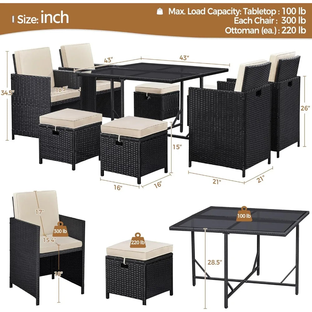 9-Piece Patio Dining Sets, Outdoor Space Saving Rattan Chairs with Glass Table, Wicker Sectional Conversation Furnitur