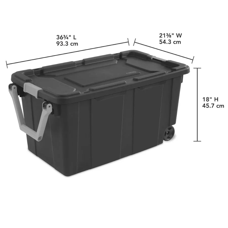 Extra-Large 40-Gallon Wheeled Industrial Storage Bin with Latching Lid Pull Handle Dark Gray, Heavy-Duty Plastic, Ideal for War