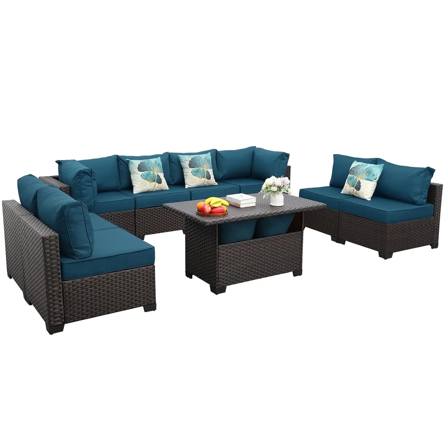 9 Pieces Wicker Patio Furniture Set Outdoor PE Rattan Sectional Conversation Sofa Set with Peacock Blue Cushions