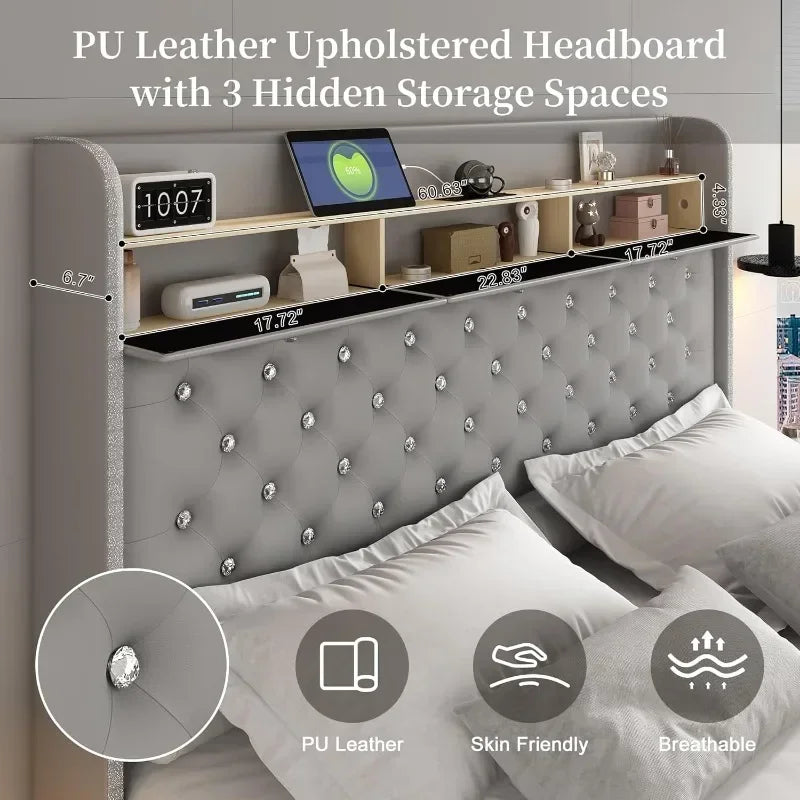 LED Bed Frame with Galaxy Aurora Star Projector and Charging Station, Platform Beds with 52" Diamond Upholstered Customized