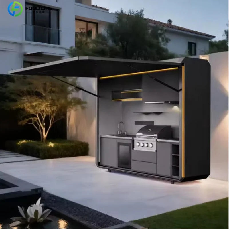 Outdoor Kitchen Shed Weatherproof Modular Outdoor Kitchen with Barbecue and Sink for Garden Spaces BBQ Pod Kitchen Customized