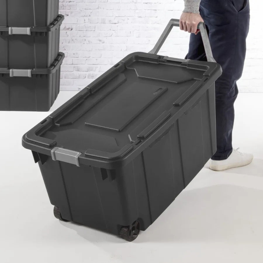 Extra-Large 40-Gallon Wheeled Industrial Storage Bin with Latching Lid Pull Handle Dark Gray, Heavy-Duty Plastic, Ideal for War