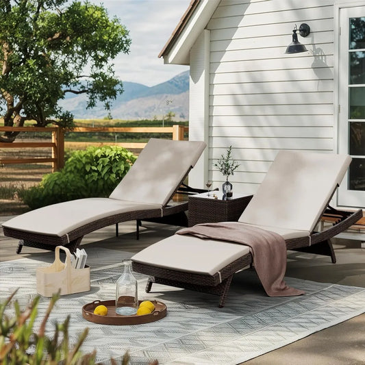 Patio Chaise Lounge Set 3 Pieces with Adjustable Backrest and Removable Cushion, Outdoor Pool Chair for Patio, Customized