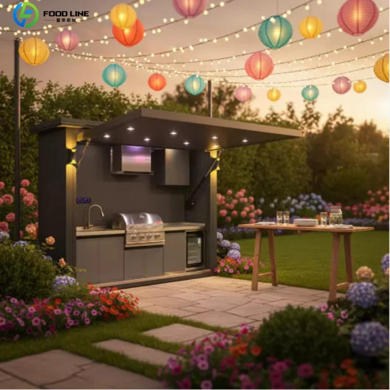 Outdoor Kitchen Shed Weatherproof Modular Outdoor Kitchen with Barbecue and Sink for Garden Spaces BBQ Pod Kitchen Customized