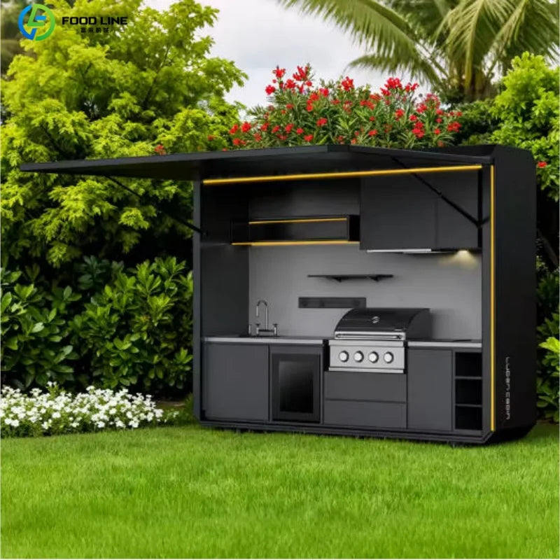 Outdoor Kitchen Shed Weatherproof Modular Outdoor Kitchen with Barbecue and Sink for Garden Spaces BBQ Pod Kitchen Customized