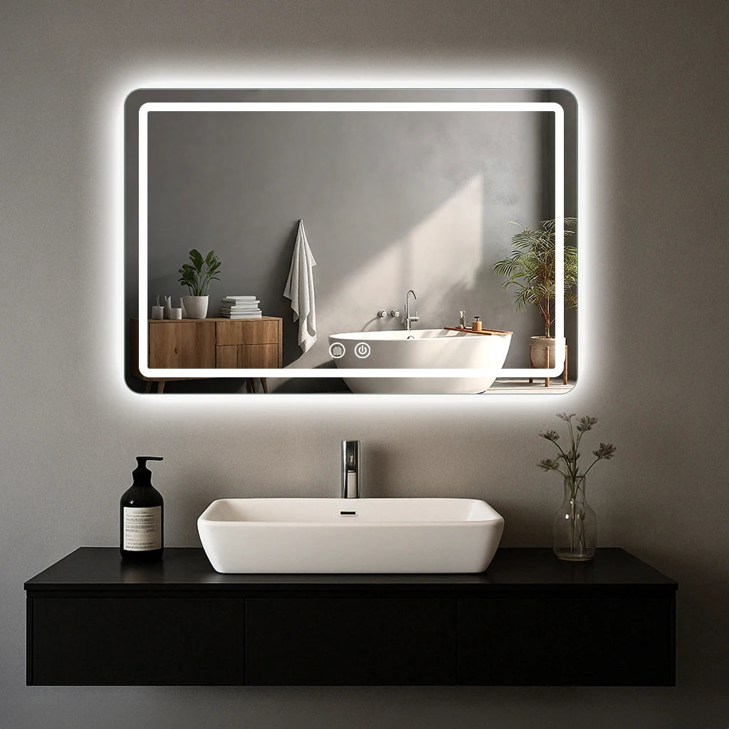 LED Bathroom Mirror Wall Mirror With Lights Stepless Dimmable Lighted Bathroom Mirrors For Wall Rectangle Bathroom Vanity Mirror