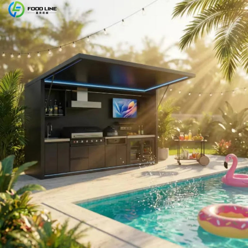 Outdoor Kitchen Shed Weatherproof Modular Outdoor Kitchen with Barbecue and Sink for Garden Spaces BBQ Pod Kitchen Customized