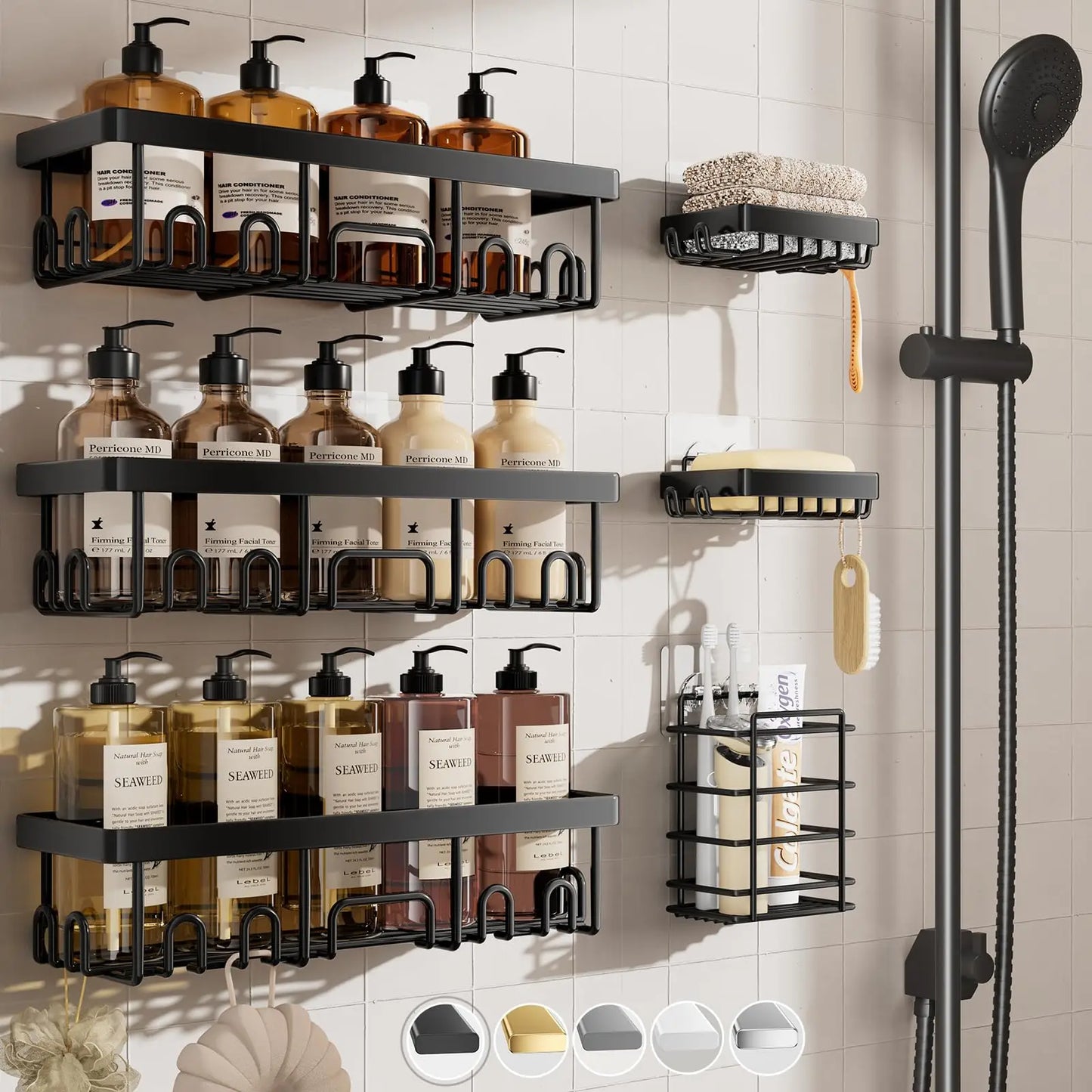 6 Pack Shower Caddy Organizer Rack Shelf for Inside Shower, Adhesive Bathroom Wall Storage Basket Rustproof Stainless Steel Shampoo Holder, Bathroom Accessory Decor Set