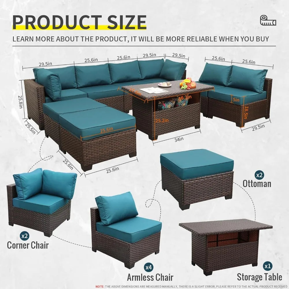 9 Pieces Wicker Patio Furniture Set Outdoor PE Rattan Sectional Conversation Sofa Set with Peacock Blue Cushions