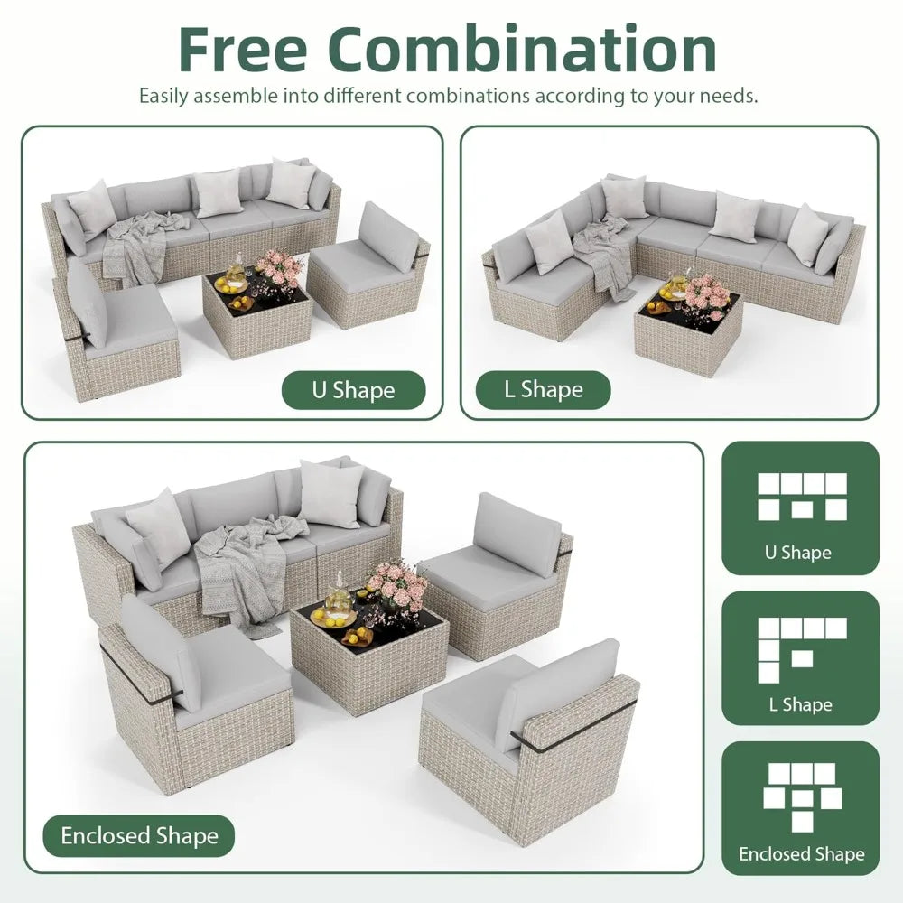 7-Piece Outdoor Sectional Sofa Set, Weather-Resistant Patio Furniture Set with Washable Cushions and Coffee Table,, Customized