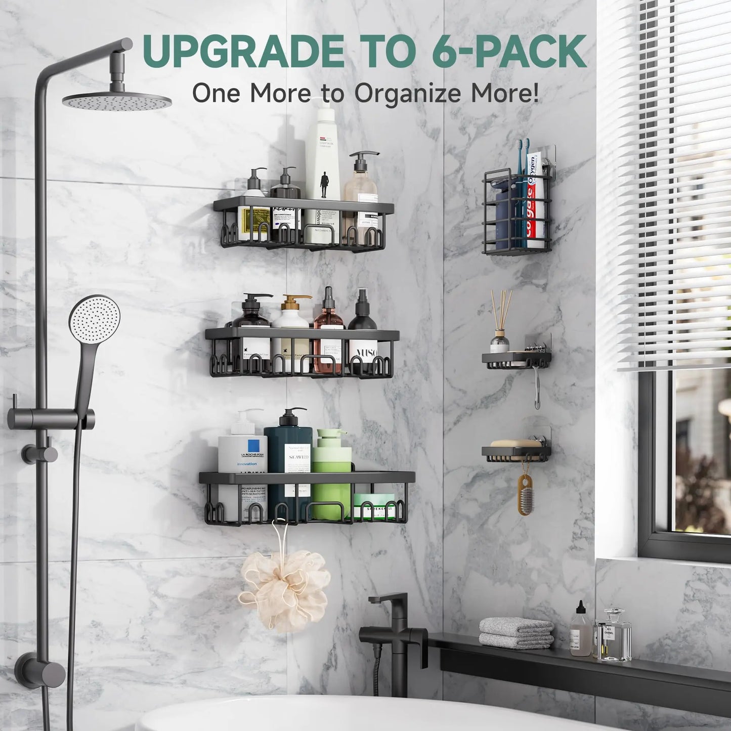 6 Pack Shower Caddy Organizer Rack Shelf for Inside Shower, Adhesive Bathroom Wall Storage Basket Rustproof Stainless Steel Shampoo Holder, Bathroom Accessory Decor Set