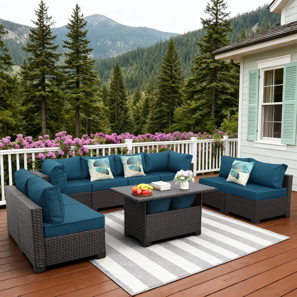 9 Pieces Wicker Patio Furniture Set Outdoor PE Rattan Sectional Conversation Sofa Set with Peacock Blue Cushions