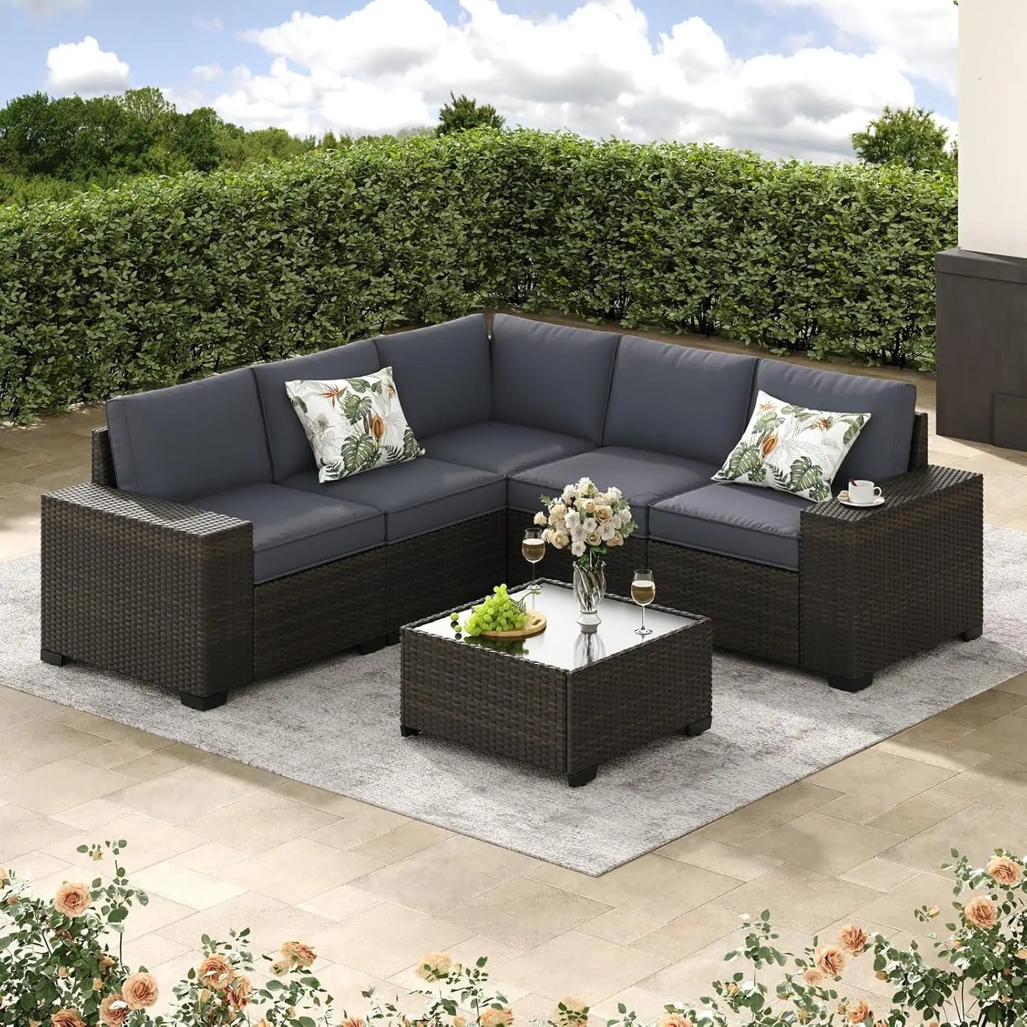 6-Piece Patio Furniture Set, All-Weather Outdoor Wicker Sectional Sofa with Cushions, Glass Table & Left and Right, Customized