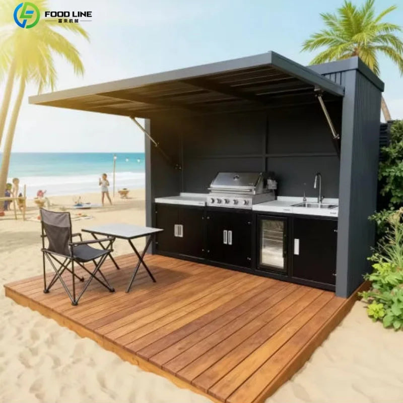 Outdoor Kitchen Shed Weatherproof Modular Outdoor Kitchen with Barbecue and Sink for Garden Spaces BBQ Pod Kitchen Customized