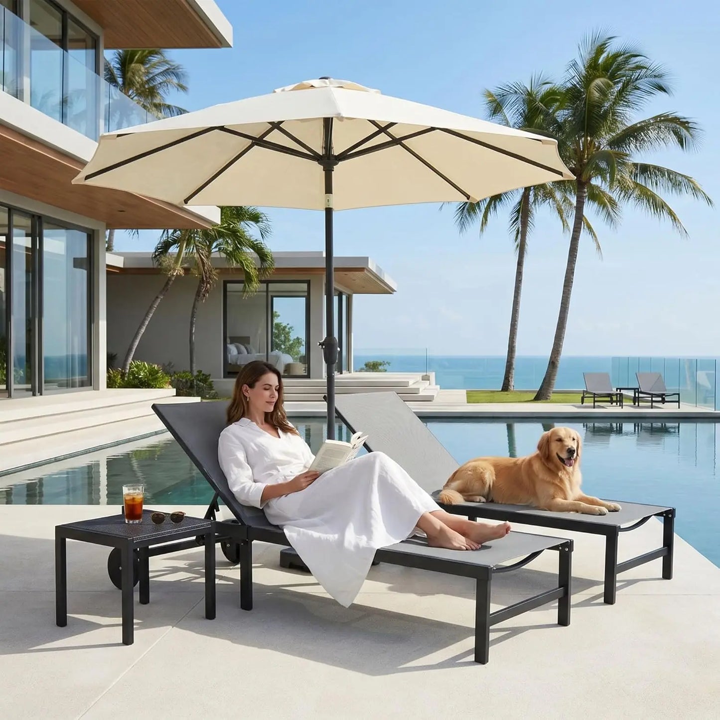 Patio Tanning Lounge Chair Set with Face Down Hole Outdoor Aluminum Adjustable Reclining Chairs Wheels Pillows and, Customized