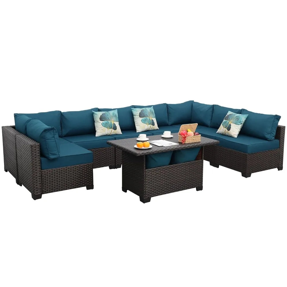 9 Pieces Wicker Patio Furniture Set Outdoor PE Rattan Sectional Conversation Sofa Set with Peacock Blue Cushions