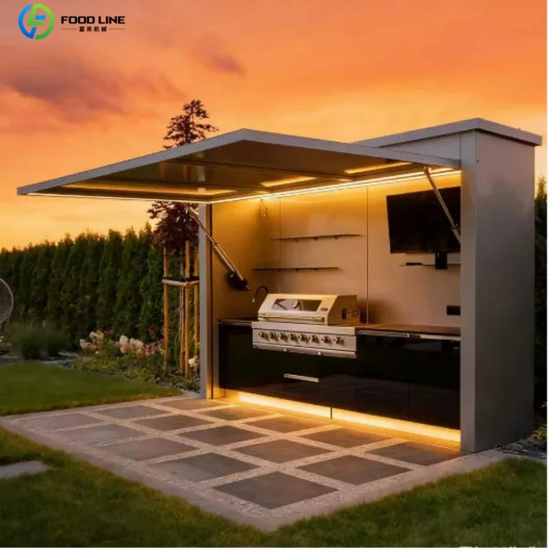 Outdoor Kitchen Shed Weatherproof Modular Outdoor Kitchen with Barbecue and Sink for Garden Spaces BBQ Pod Kitchen Customized