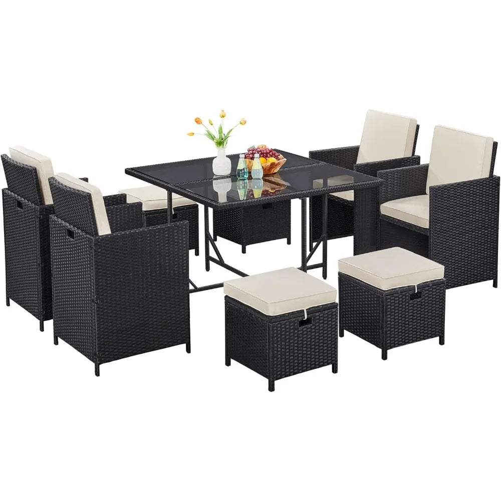 9-Piece Patio Dining Sets, Outdoor Space Saving Rattan Chairs with Glass Table, Wicker Sectional Conversation Furnitur
