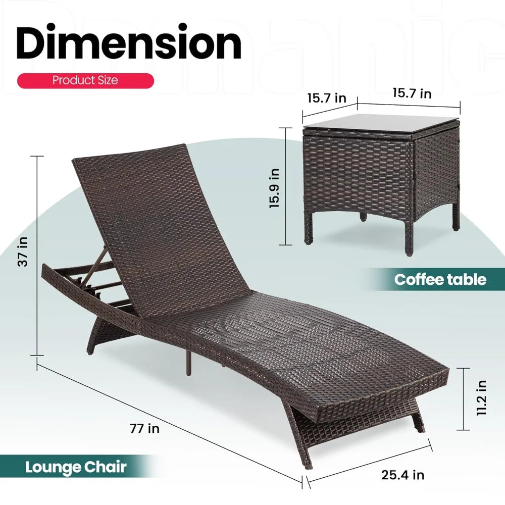 Patio Chaise Lounge Set 3 Pieces with Adjustable Backrest and Removable Cushion, Outdoor Pool Chair for Patio, Customized