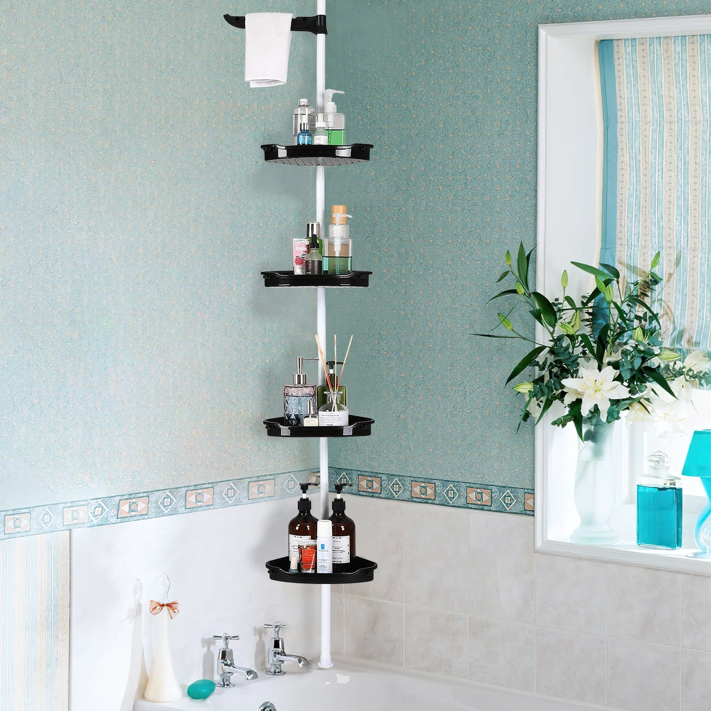 Corner Shower Caddy with Tension Pole 4-Tier Adjustable Shelves Bathroom Storage Organizer with Rubber Pad,101.6 - 122 Inch H