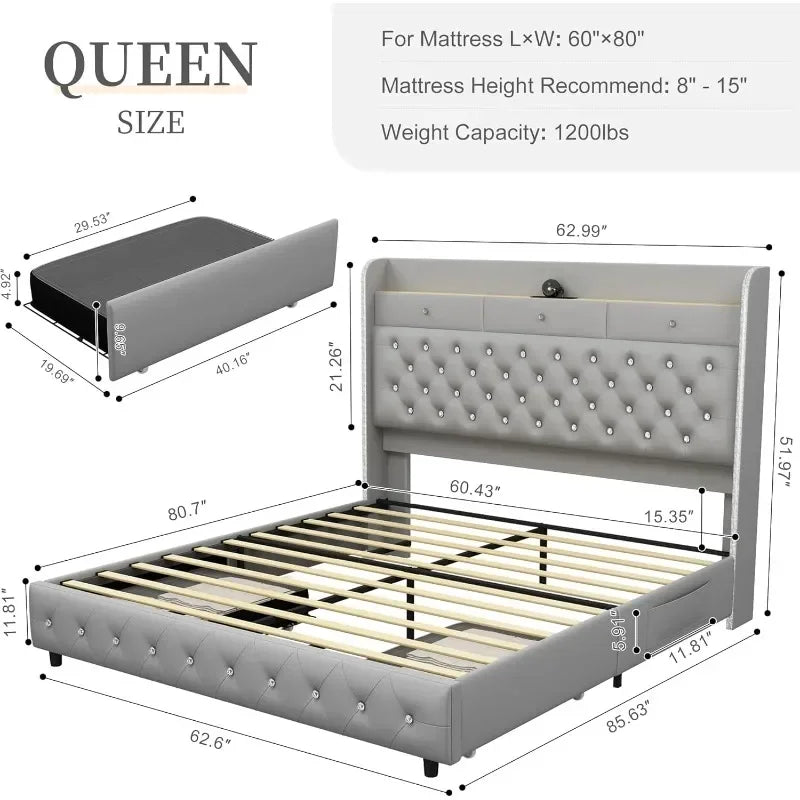 LED Bed Frame with Galaxy Aurora Star Projector and Charging Station, Platform Beds with 52" Diamond Upholstered Customized