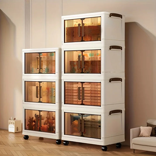 4/5-Tier Heavy-Duty Plastic Folding Storage Cabinet with Lid - Foldable & Stackable Shelving Unit, Wheeled Container Suitable fo